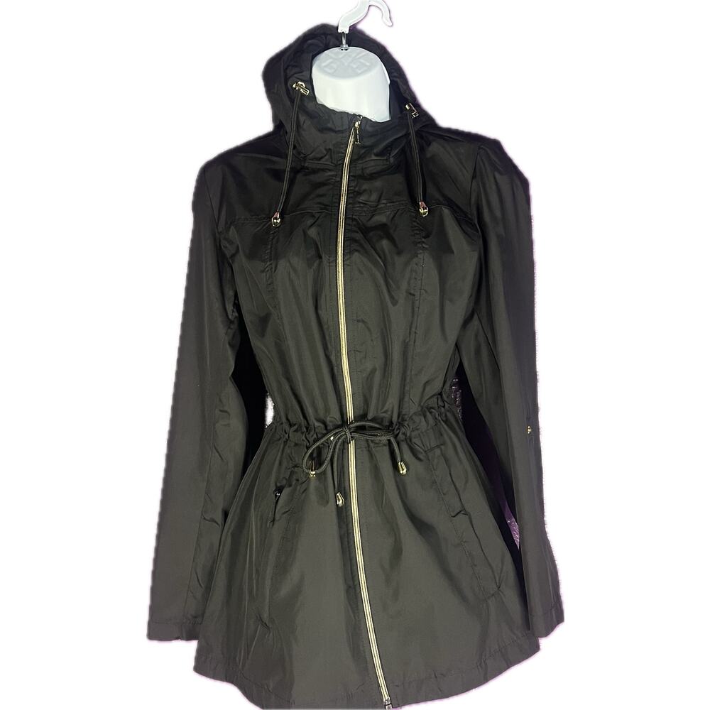 Black Susan Graver Hooded Utility Rain Jacket Size XXS Gold Zip Cinch Waist